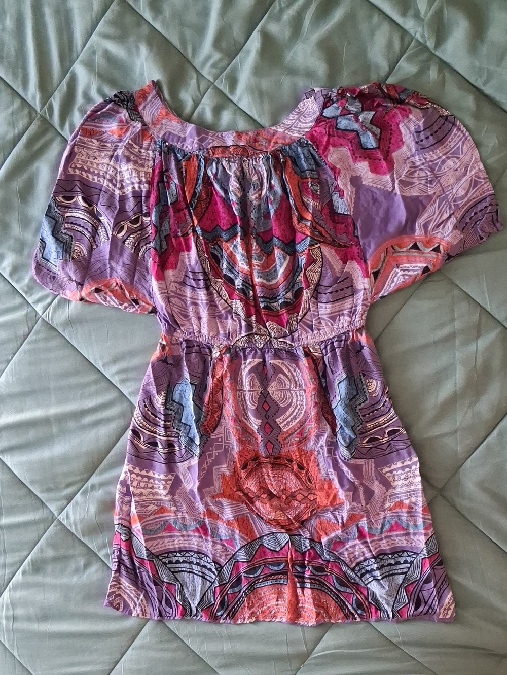 Angie Boho Tribal Lavender, Pink, Teal & Orange Mini Dress Size M